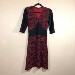 Karkass Womens Goth Floral V-Neck Midi Dress M Red Black Whimsigoth Vamp Grunge